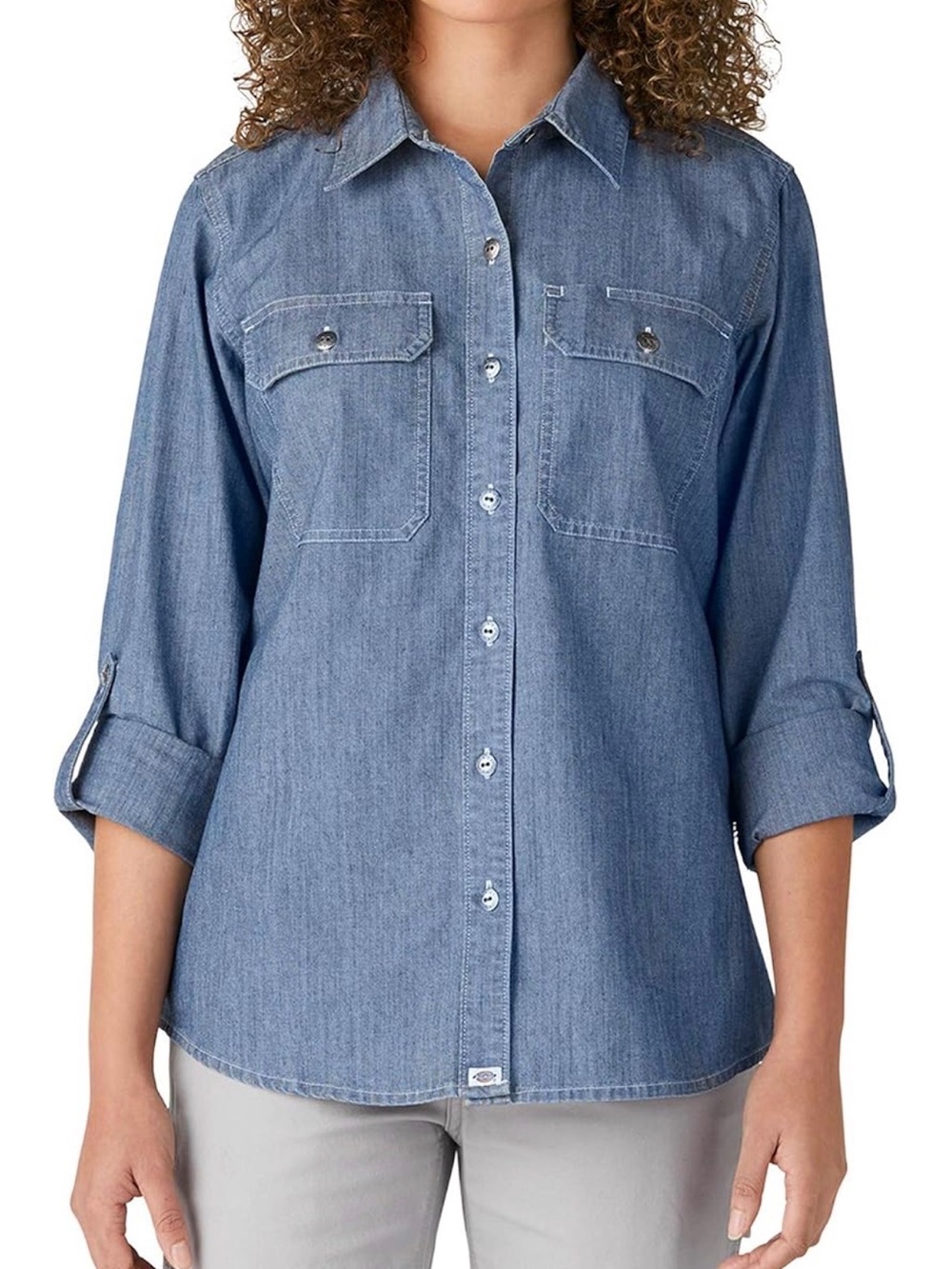 Dickies Chambray Work Shirt Blue Roll Tab Long Sleeve Utility Womens XL